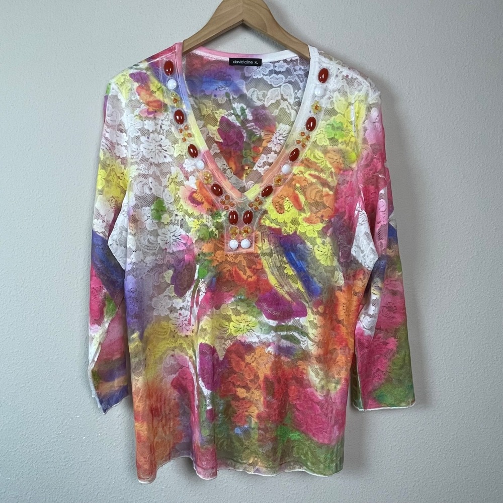 David Cline XL Beaded Lace Floral Resort Long Sleeve Lace Sheer Top Yellow Pink - Picture 1 of 10